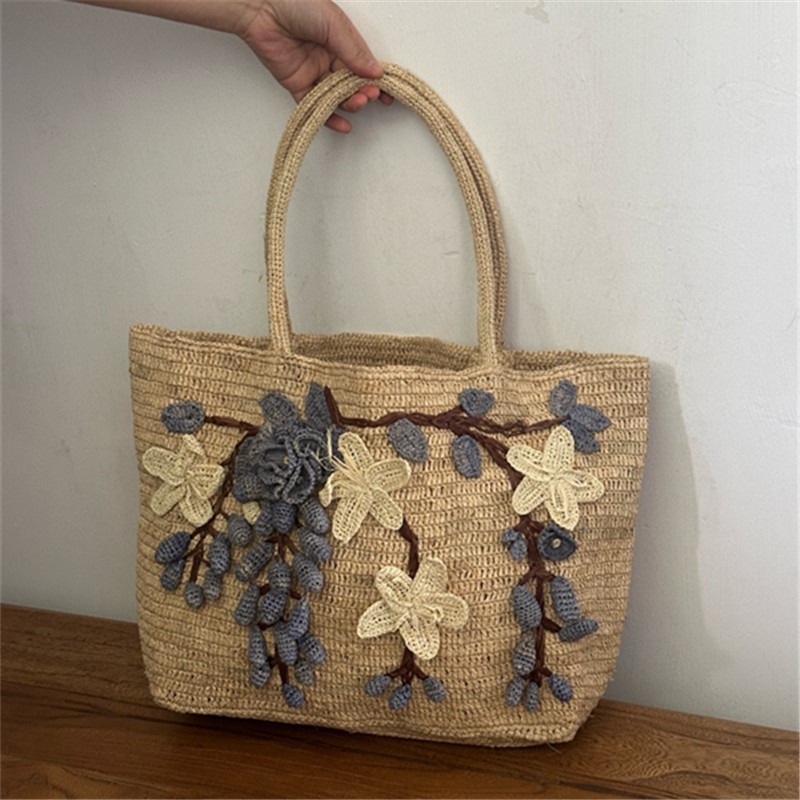 Women'S Raffia Bags - New Handmade Raffia 3d Rose Handbag